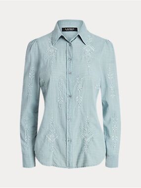 Lauren Ralph Lauren Light Blue Embroidered Button-Up Blouse